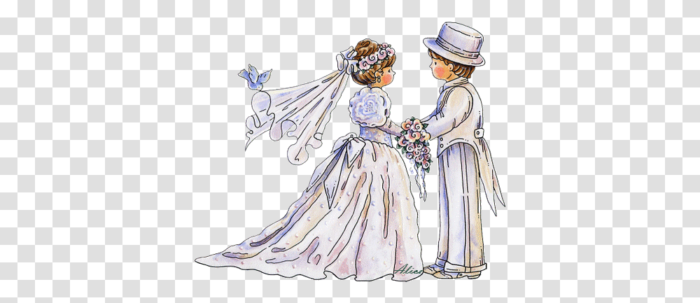 Touching Hearts Wedding Bride And Groom Gifs, Clothing, Person, Hat, Drawing Transparent Png