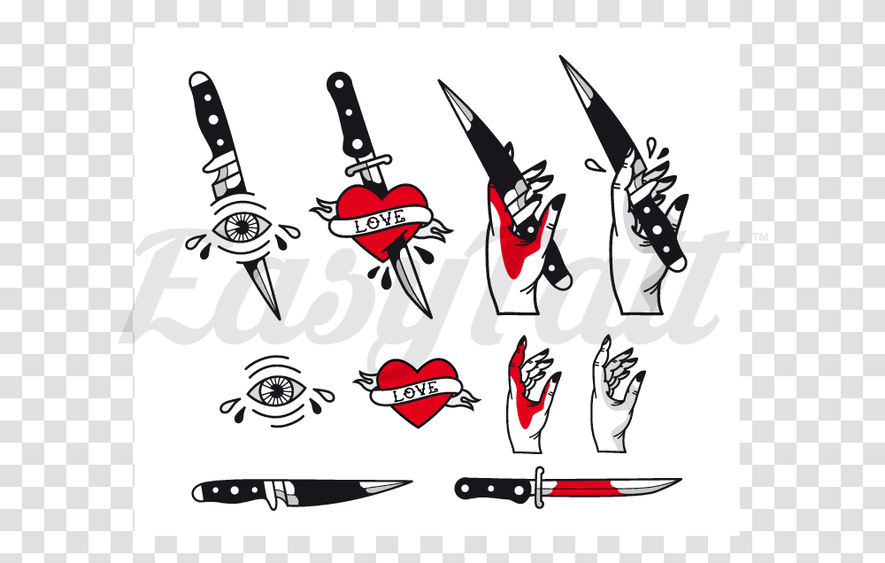 Traditional Knives And Hearts Set Old School Tattoo Knife, Scissors, Blade, Weapon Transparent Png