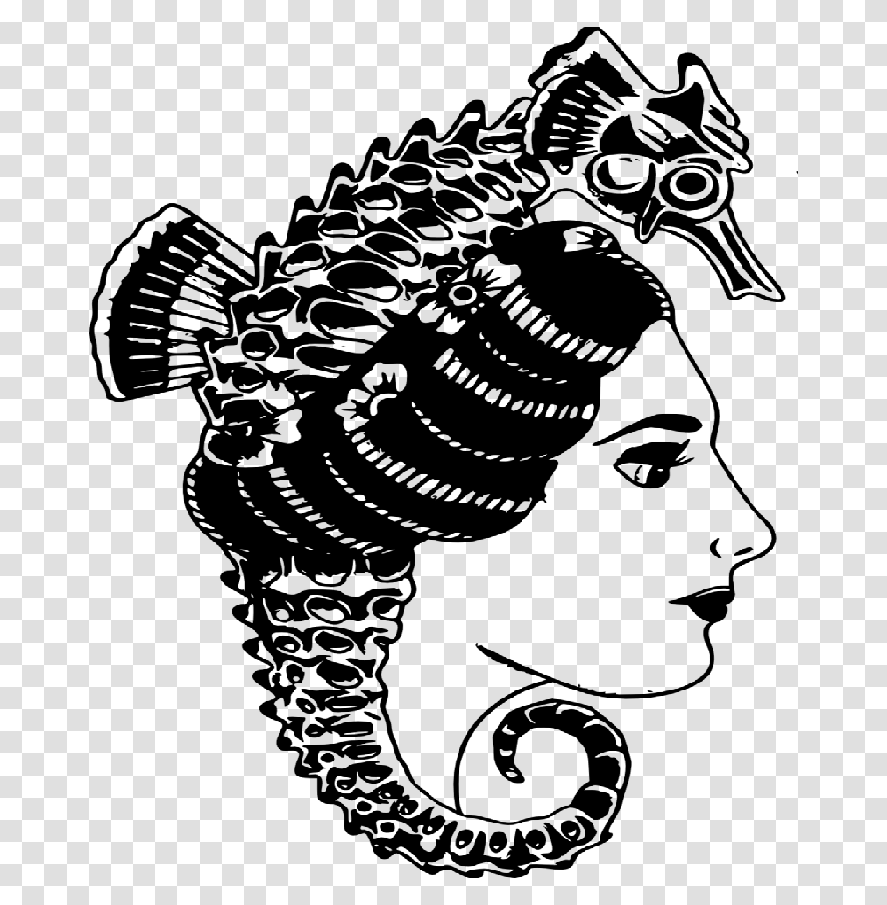 Traditional Old School Girl And Seahorse In Her Hair Cool Old School Tattoos Black And Grey, Gray, World Of Warcraft Transparent Png