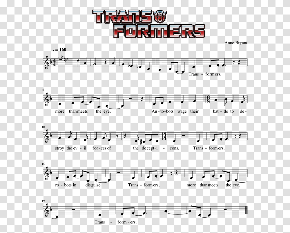 Transformers G1 Theme Song Piano Sheet Music Transparent Png