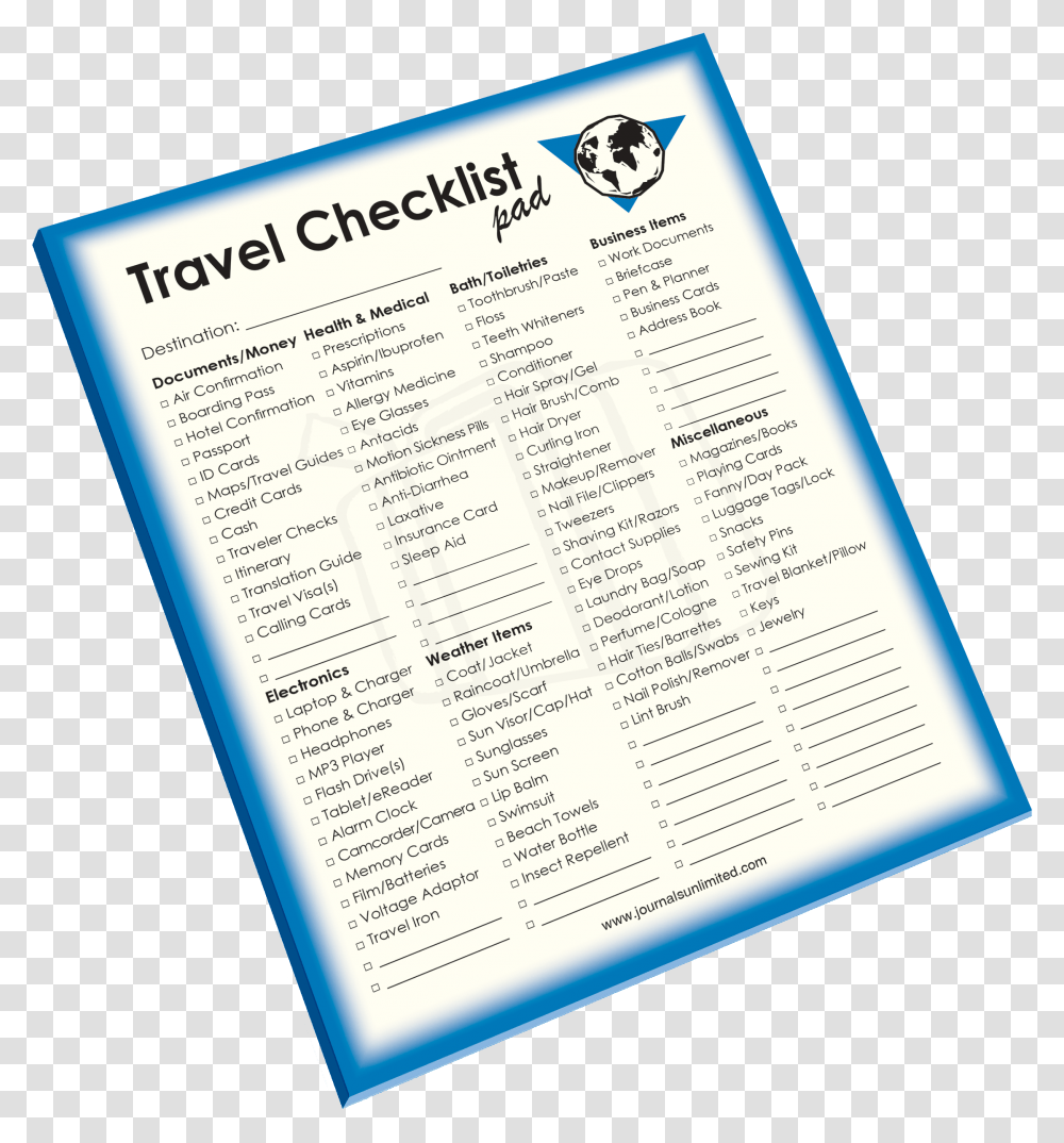 Travel Checklist Notepad Telecommunications Network, Page, Word, Menu Transparent Png
