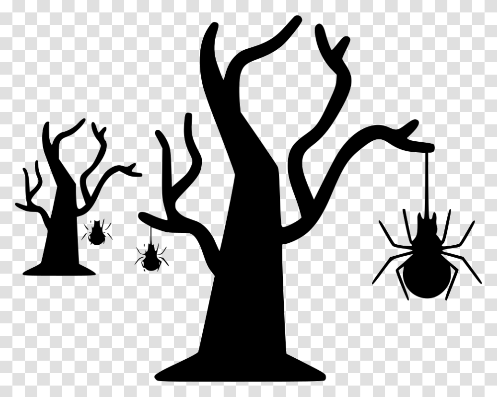 Tree Bug Net Spider Hanging Halloween Spider Hanging From Tree, Silhouette, Stencil, Plant, Antelope Transparent Png