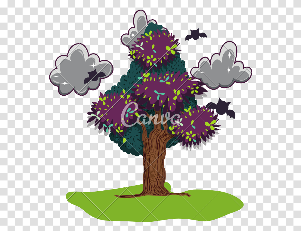 Tree Leaves With Dark Clouds And Bats Icons By Canva Vector Graphics, Plant, Ornament, Christmas Tree, Art Transparent Png
