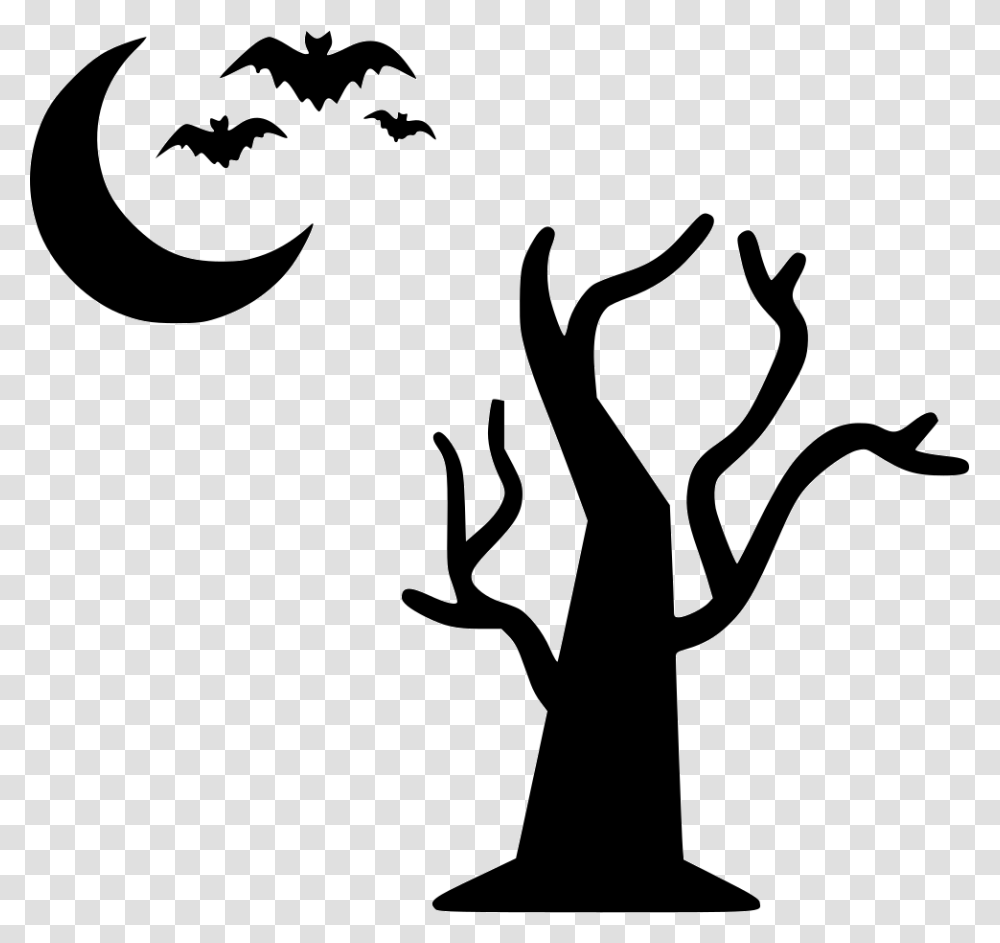 Tree Moon Bats Flying Halloween Night Halloween Spider White, Stencil, Silhouette Transparent Png
