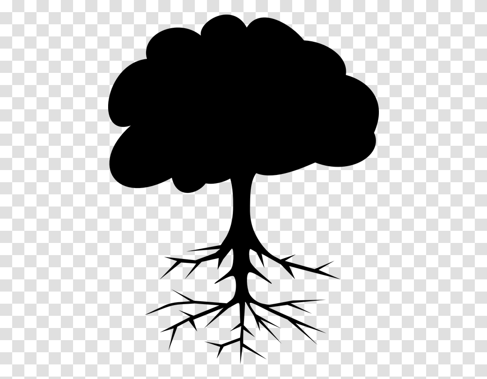 Tree Roots Stem Leaves Crown Silhouette Black Tree Clip Art, Gray, World Of Warcraft Transparent Png