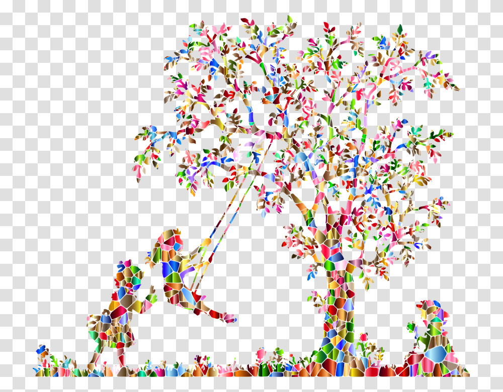Tree With 3 Girls Playing Vintage, Paper, Confetti Transparent Png