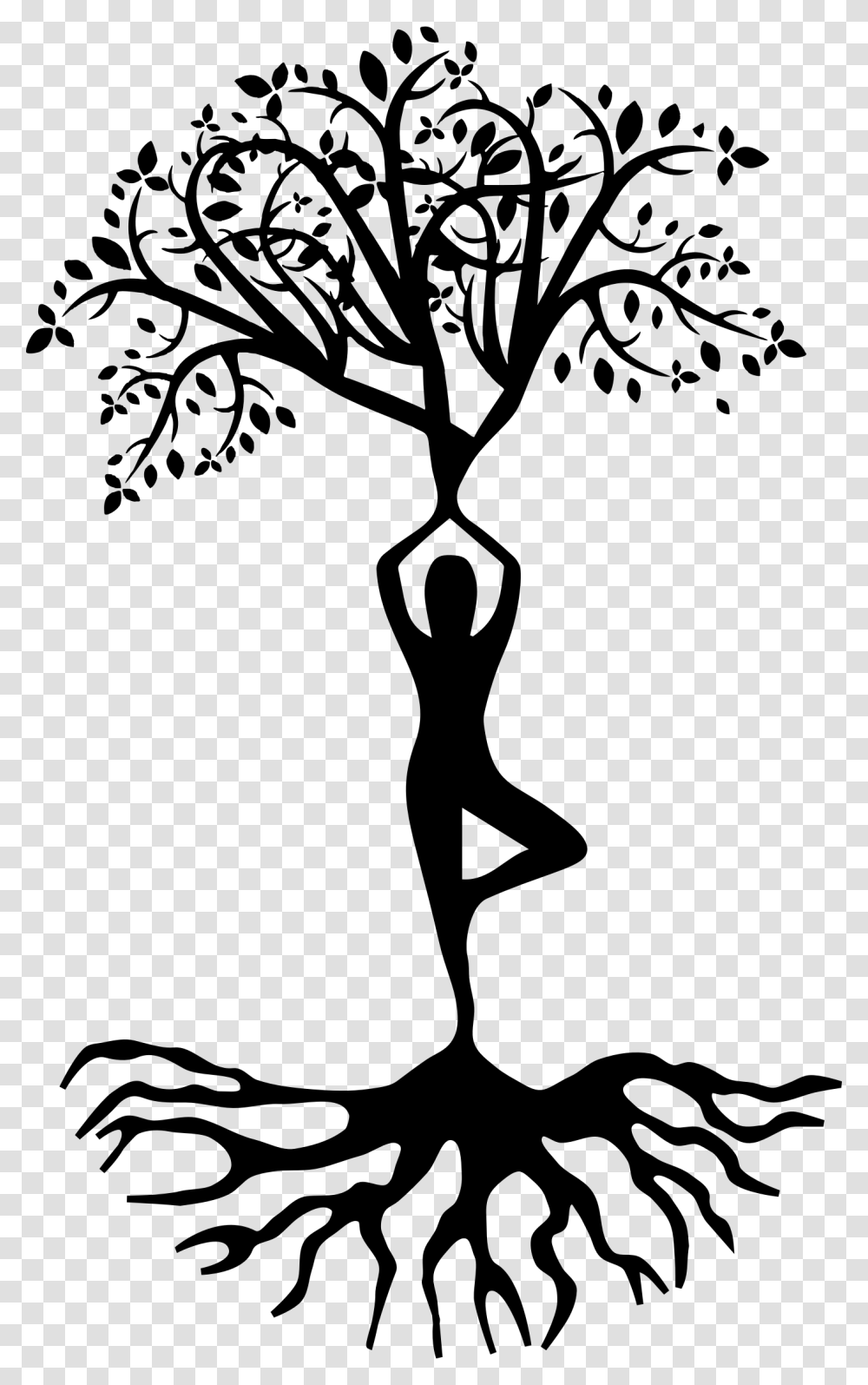 Tree With Roots Silhouette Clipart Yoga Tree Pose, Gray, World Of Warcraft Transparent Png
