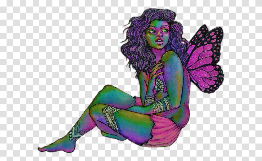 Trippy Psychedelic Faerie Fairy Fantasy Butterfly Fairy, Person, Human, Modern Art Transparent Png