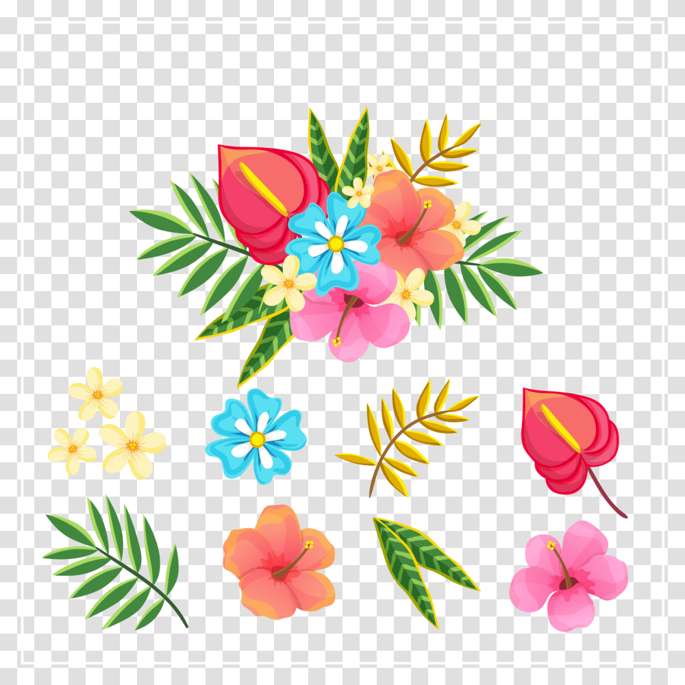 Tropical Flower And Leaf Vector Vector Tropical Leaves, Floral Design, Pattern Transparent Png