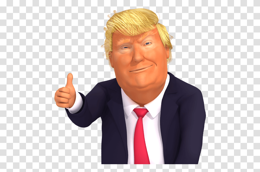 Trumpstickers Thumb Up Thumbdown Trump 3d Caricature Emoji Donald Trump Cartoon Thumbs Up, Tie, Accessories, Person, Suit Transparent Png
