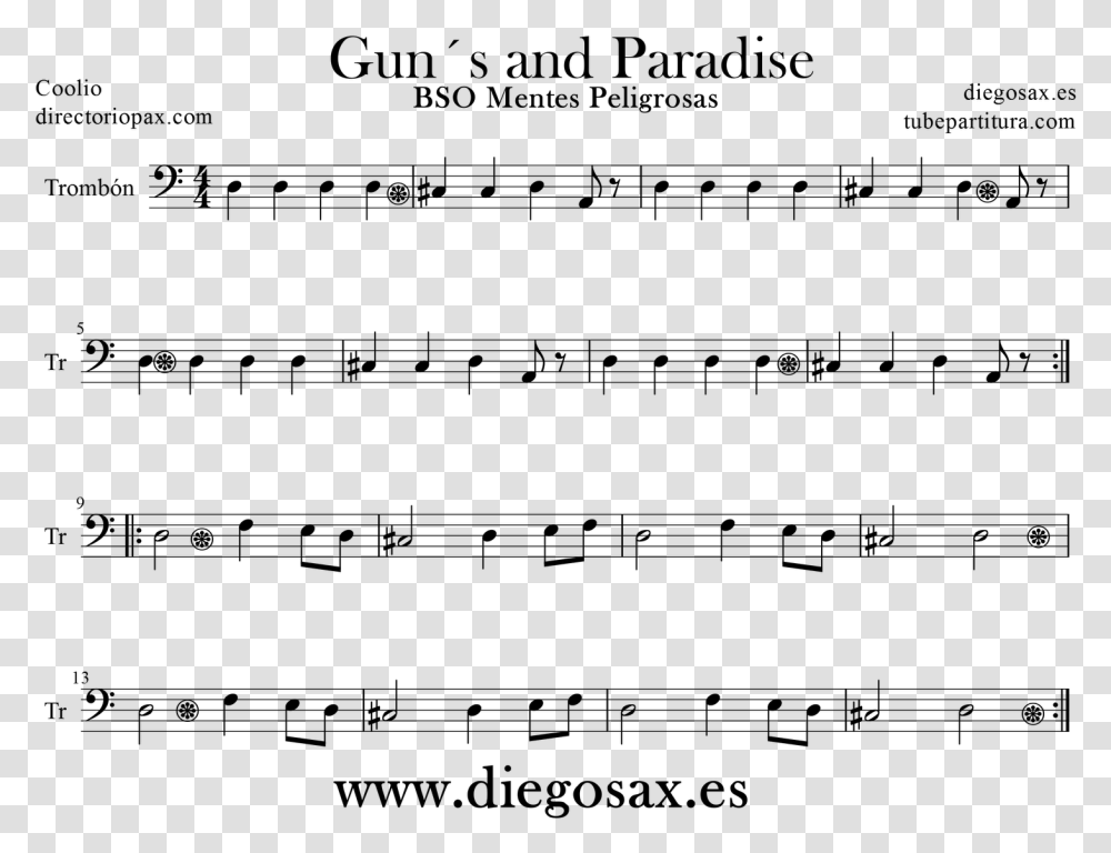 Tubescore Sheet Music Gun S Paradise For Trombone Partitura Coolio Gangsta Paradise, Gray Transparent Png