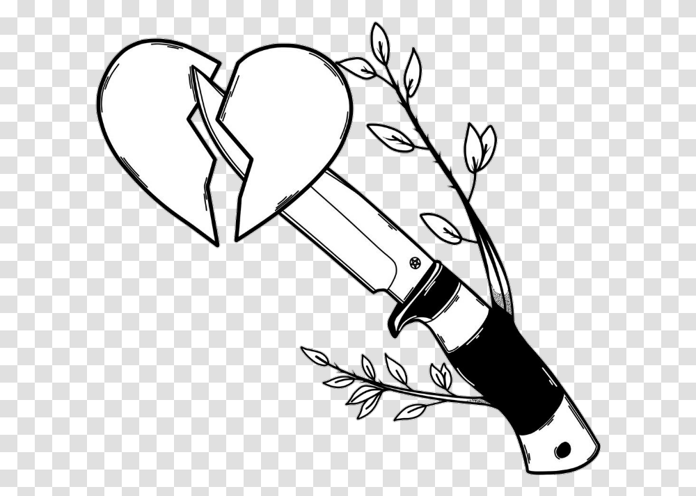 Tumblr Blackandwhite Heart Knife Leaves Freetoedit Drawing Knife, Weapon, Weaponry, Blade, Tool Transparent Png