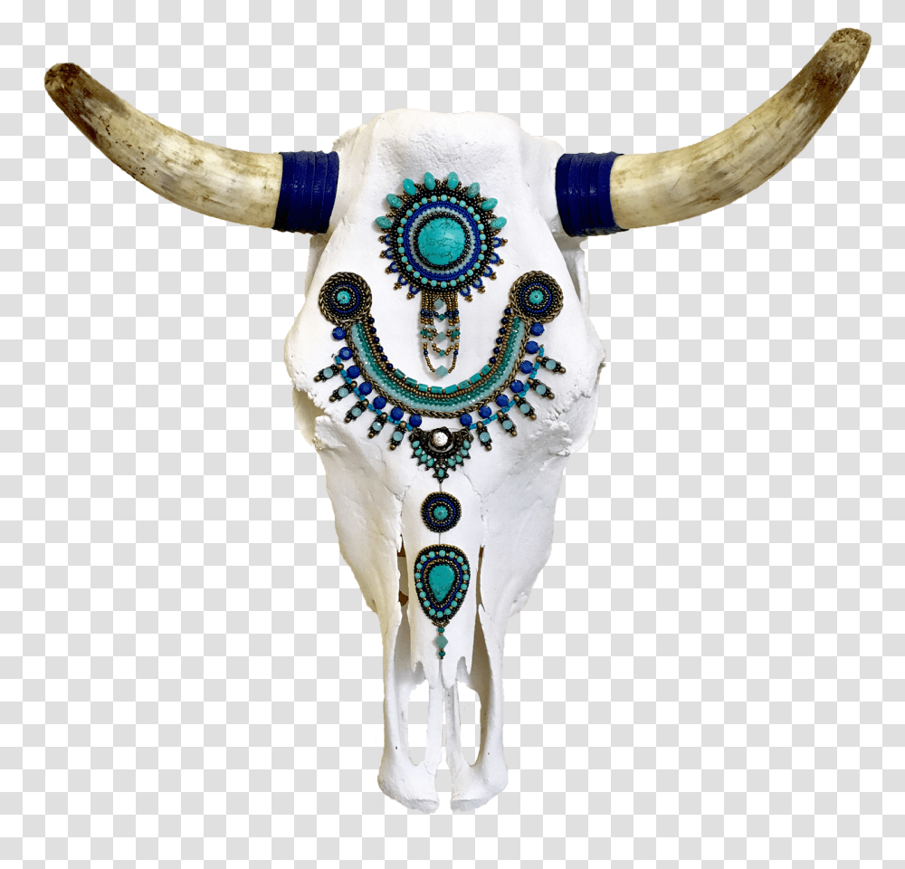 Turquoise And Royal Blue Beaded Cow Skull Animal Figure, Longhorn, Cattle, Mammal, Bull Transparent Png