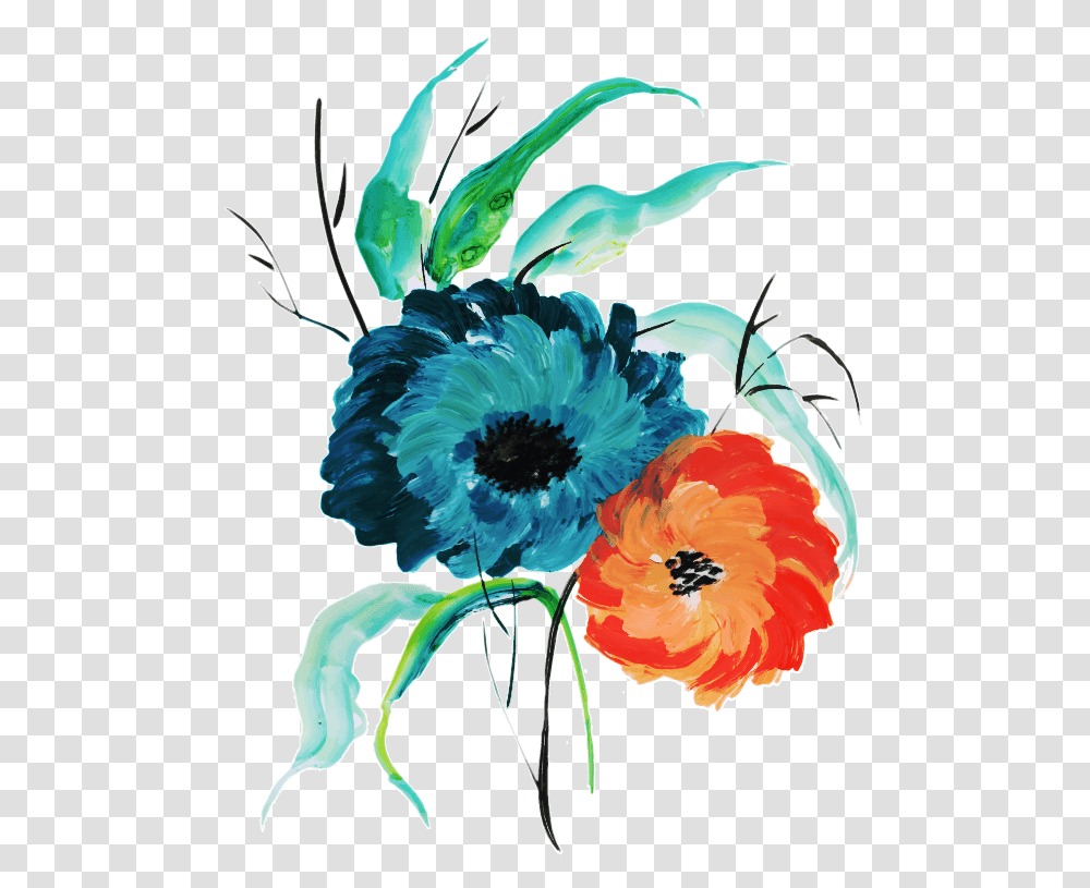 Turquoise Orange Watercolor Flowers, Floral Design, Pattern Transparent Png