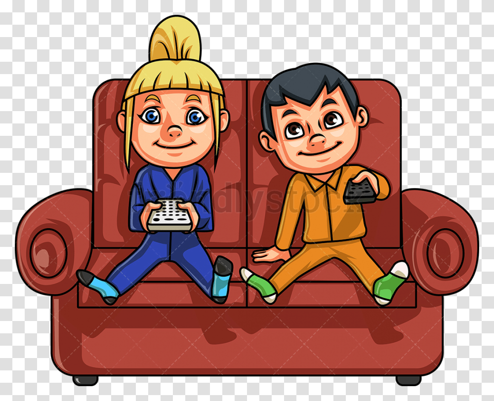 Tv Brother And Sister Watching Vector Cartoon Clipart Brother And Sister Animated, Person, Furniture, Video Gaming, Couch Transparent Png