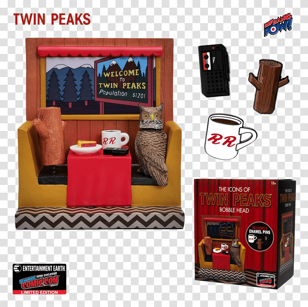 Twin Peaks Icons Bobble Head With Enamel Pin Set Furniture Style, Poster, Advertisement, Text, Collage Transparent Png