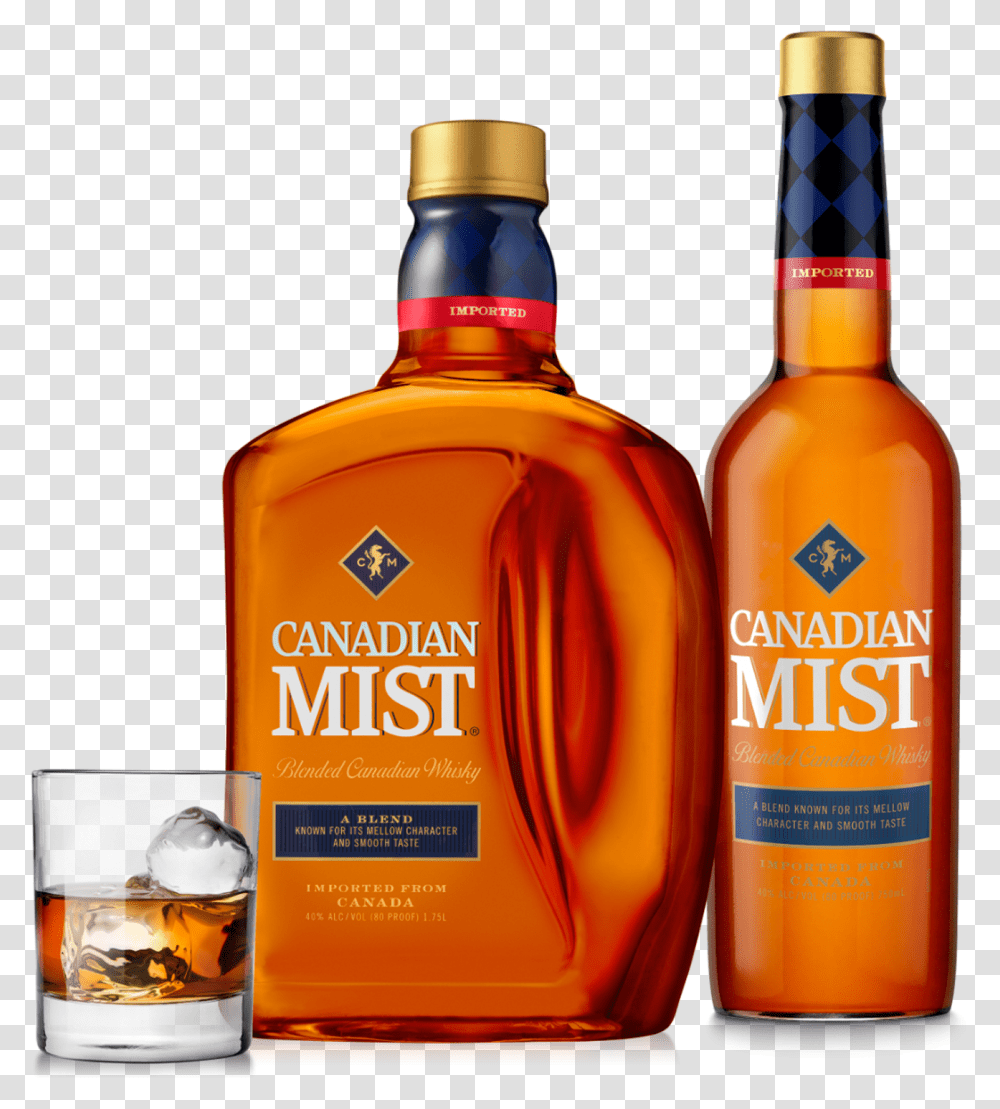 Two Bottles Of Canadian Mist Whiskey Alongside A Serving Canadian Mist Whiskey, Liquor, Alcohol, Beverage, Drink Transparent Png