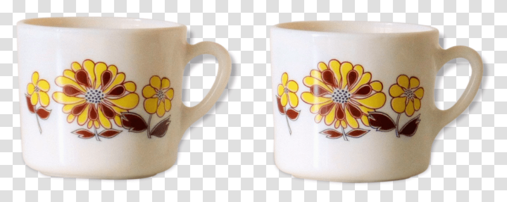 Two Cups Sovirel France Pyrex Dcor Of Flowers Vintage Coffee Cup, Birthday Cake, Dessert, Food, Pottery Transparent Png