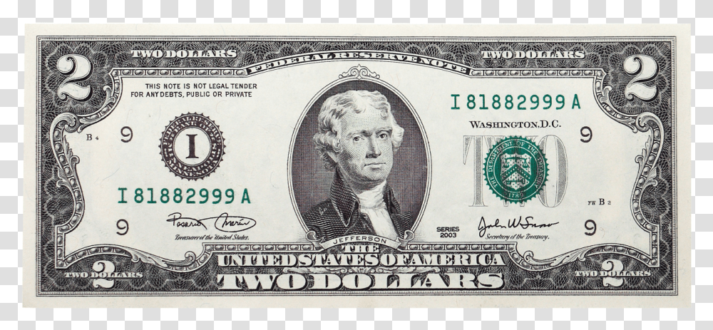 Two Dollar Bill Image 2 Dollar Bill, Money, Person, Human, Id Cards Transparent Png