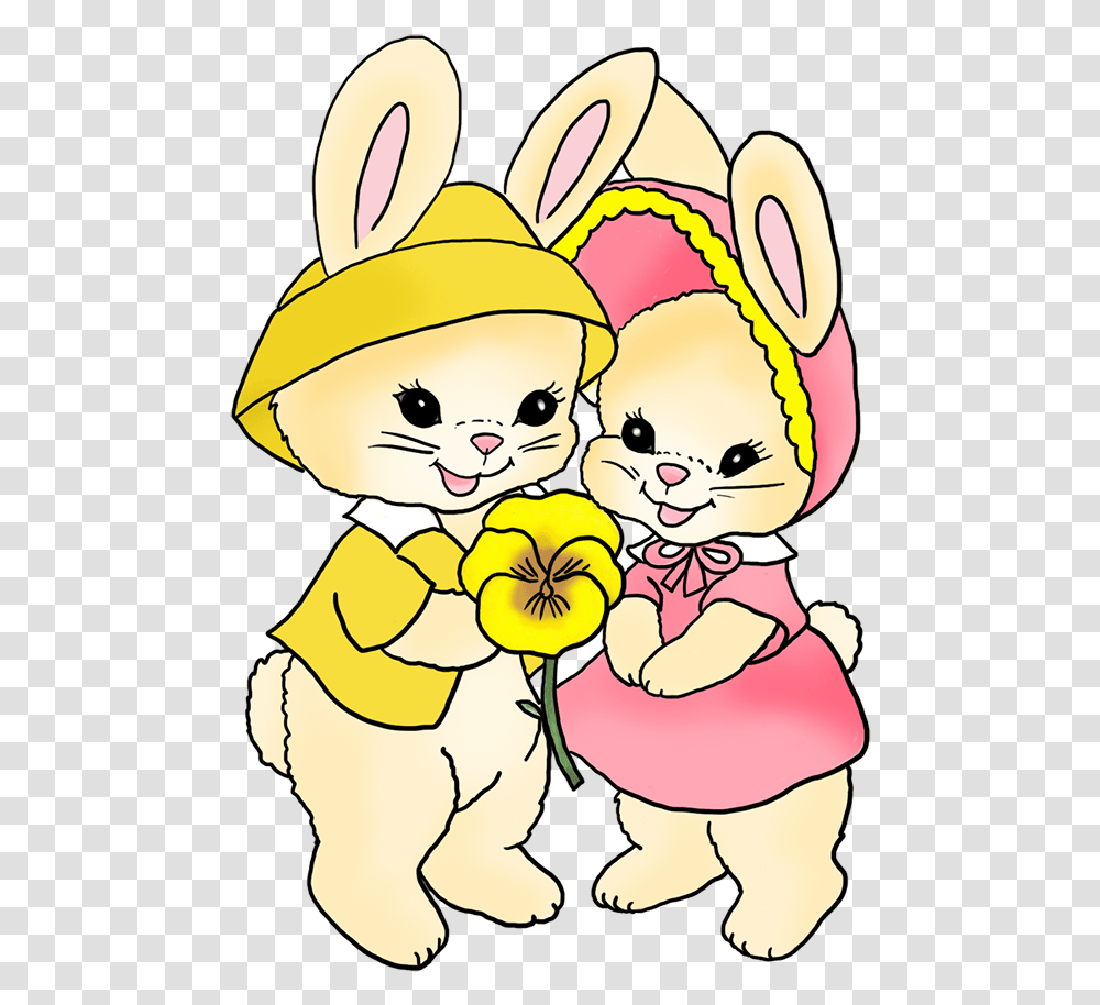 Two Easter Bunnies With Pansy Flower Cartoon, Petal, Plant, Hat Transparent Png