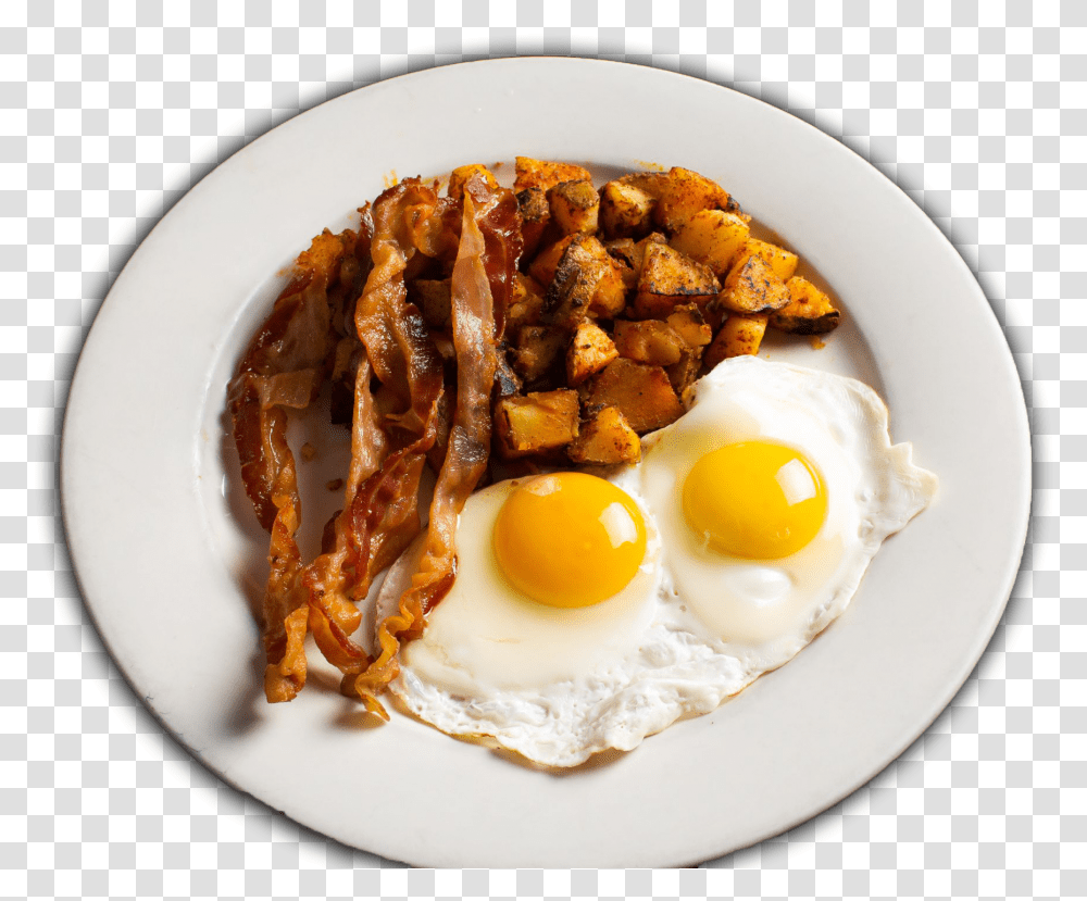 Two Fried Eggs Sunny Side Up With Bacon And Potatoes, Food, Dish, Meal, Breakfast Transparent Png