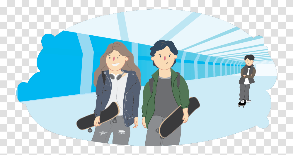 Two Friends Smiling With A Sad Friend In The Background Cartoon, Person, Drawing, Female, Skateboard Transparent Png