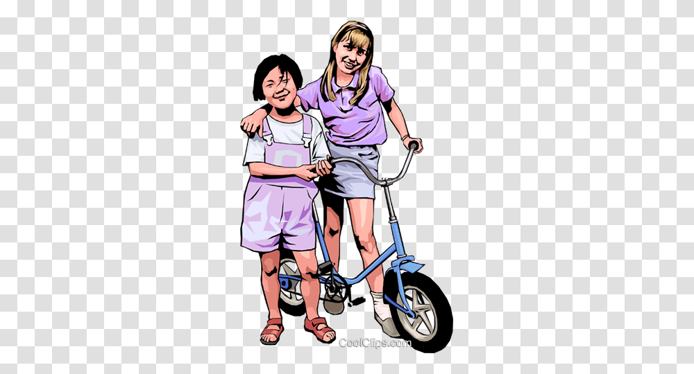 Two Friends With A Bicycle Royalty Free Vector Clip Art, Person, Human, Transportation, Vehicle Transparent Png