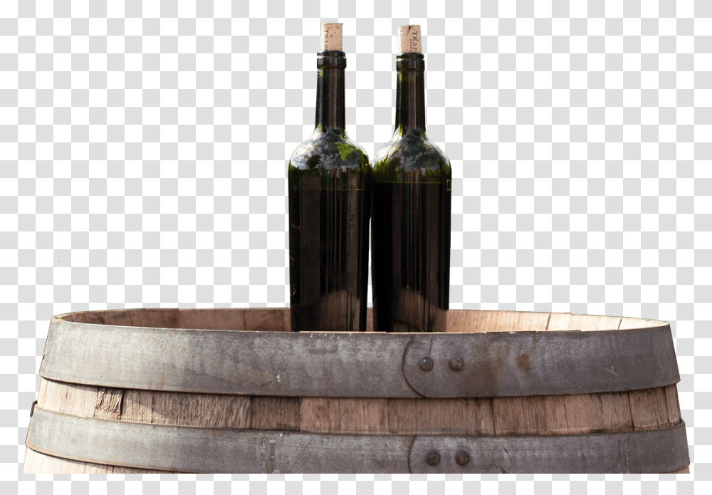 Two Green Wine Bottles Sitting On Barrell At Grapevine Wine Bottle, Alcohol, Beverage, Drink, Liquor Transparent Png