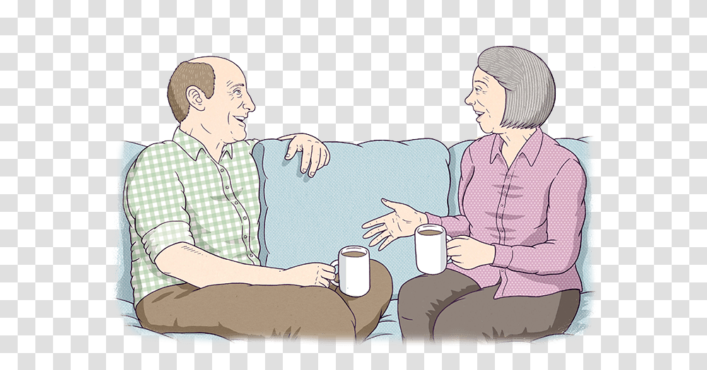 Two Old People Are Sitting On A Couch Talking Old People Talking Cartoon, Person, Human, Dating, Female Transparent Png