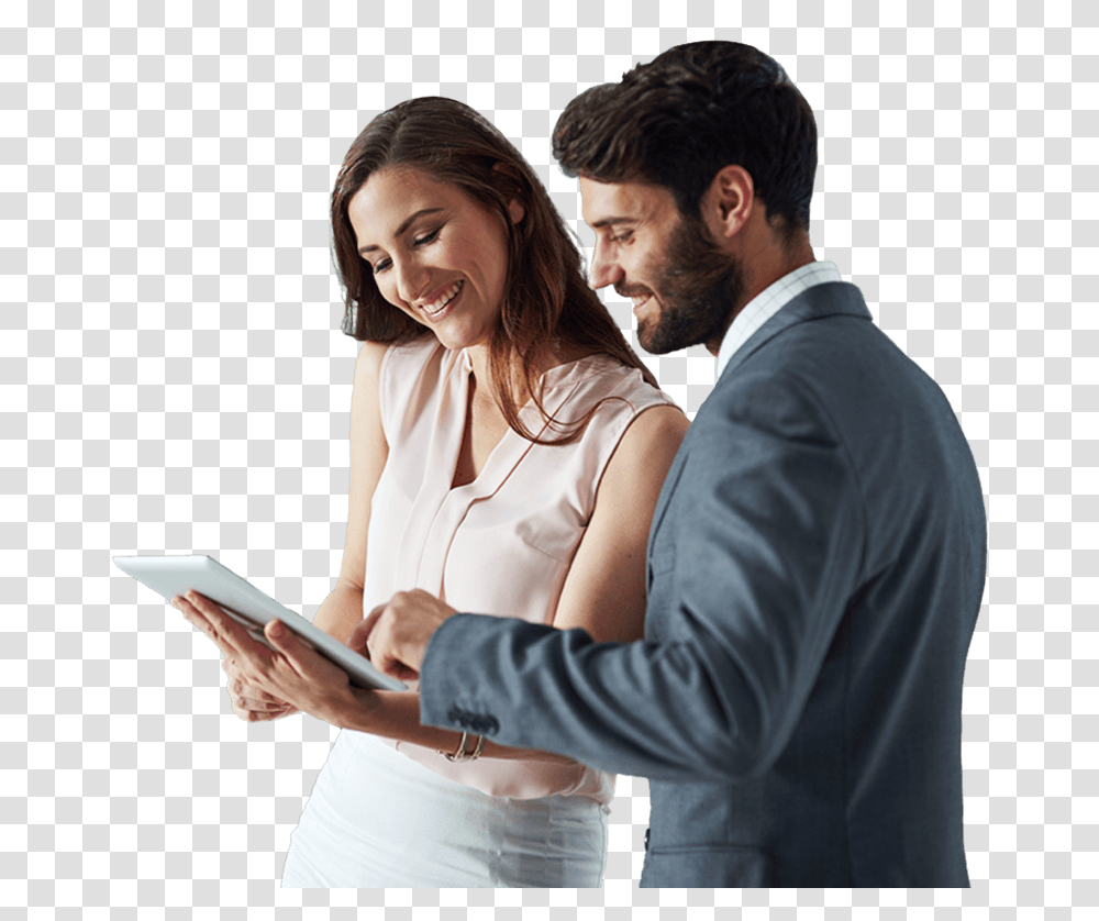 Two People Looking At A Compliance Software On A Tablet People With Tablet, Person, Dating, Computer Transparent Png