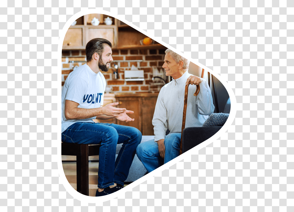 Two People Talking Volunteer With An Old Man, Person, Sitting, Pants Transparent Png