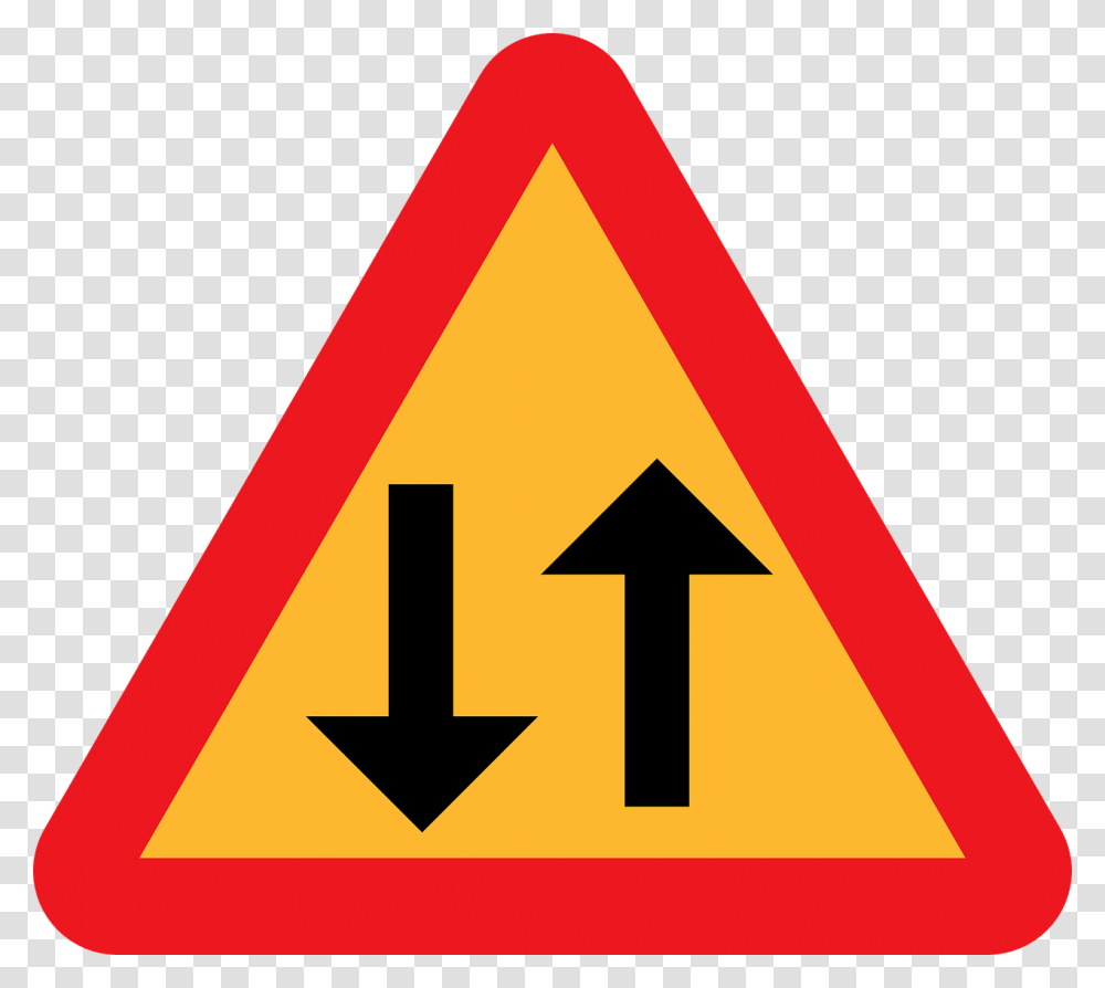 Two Way Traffic Straight Ahead Caution Sign Road Sign Transparent Png