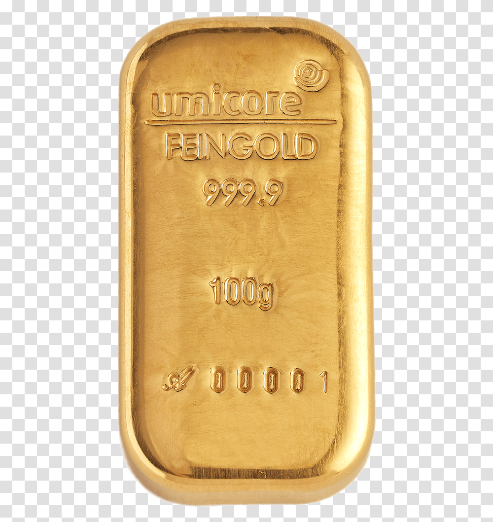 Umicore Goldshop Goudbaar 100 G Umicore 100g Gold Bar, Text, Alphabet, Diary, Label Transparent Png