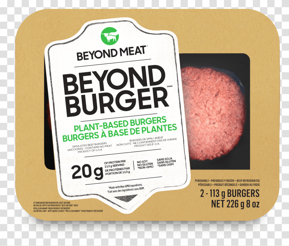 Uncooked Beyond Burgers In Its Brown White And Green Beyond Meat Burger Canada, Label, Food, Paper Transparent Png