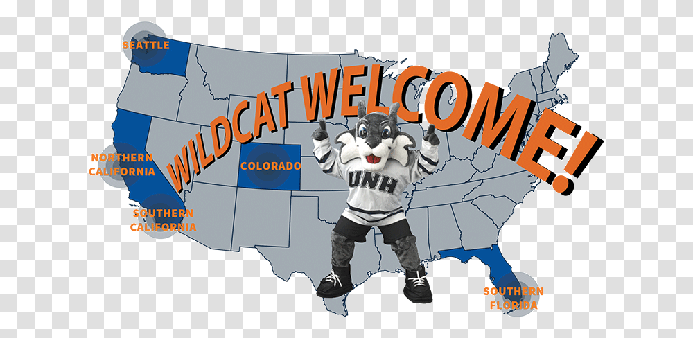 Unh Wildcat Welcome Infographic Map, Person, Human, Mascot, Advertisement Transparent Png