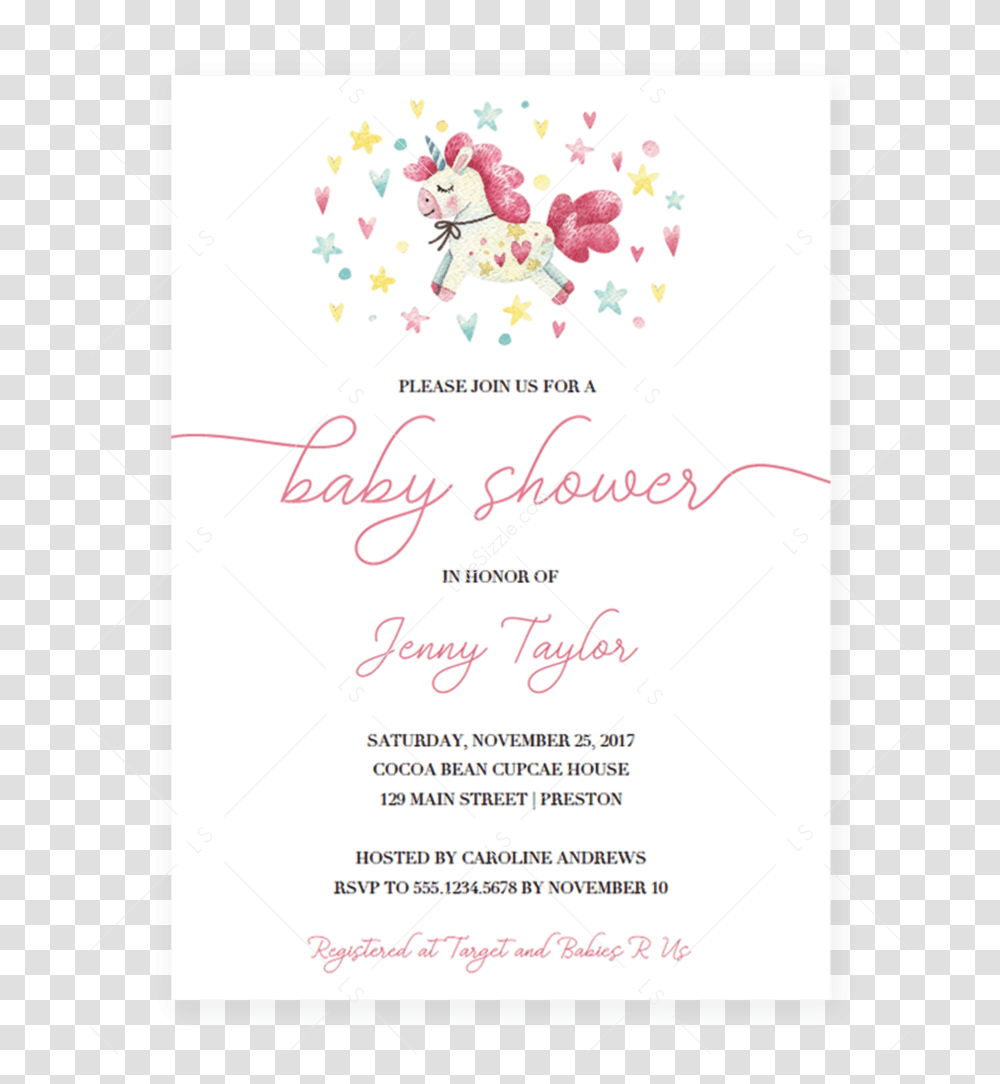 Unicorn Baby Shower Invitation Template, Flyer, Poster, Paper, Advertisement Transparent Png