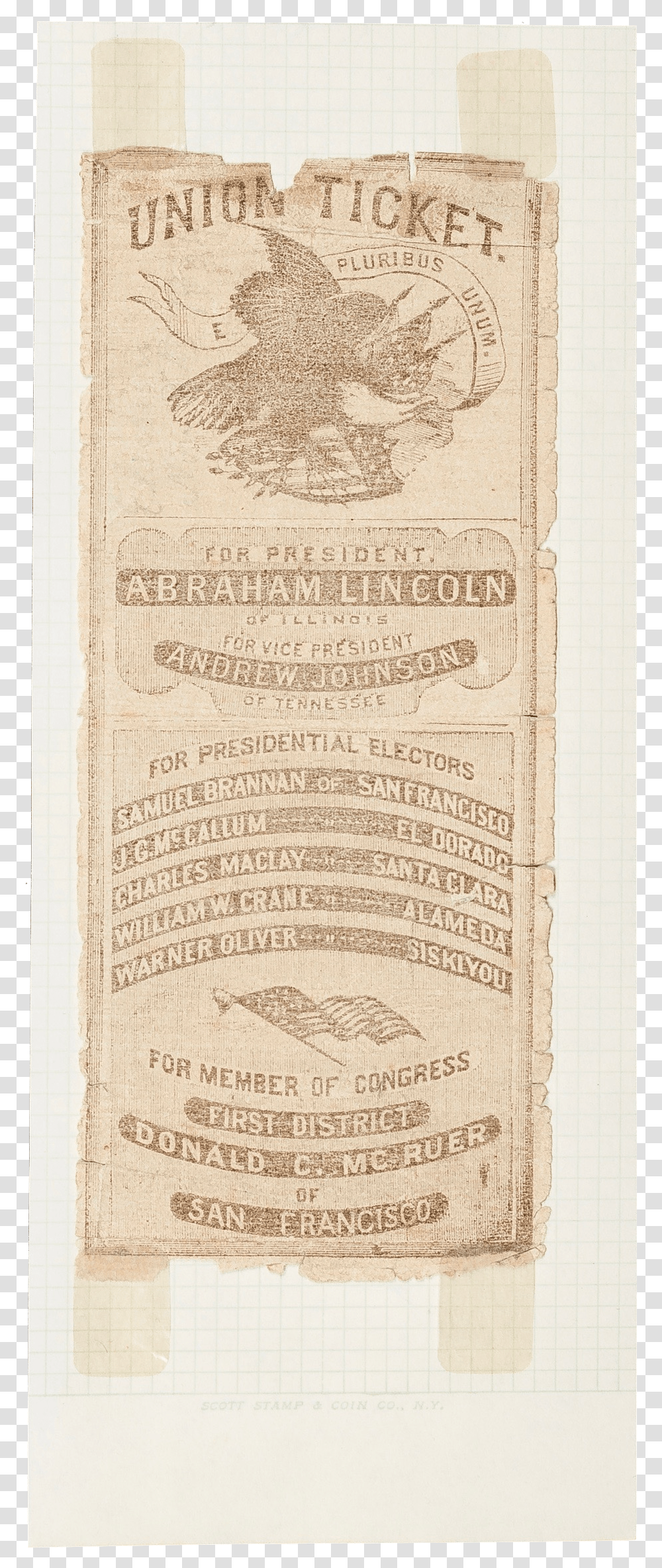 Union Ticket Lincoln And Johnson California Campaign Newsprint, Label, Book, Paper Transparent Png