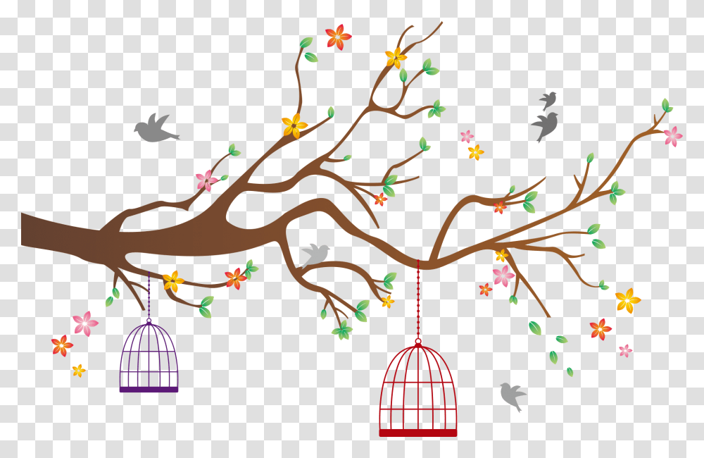 Vector Branch With Birdcage Birdcage With Flowers Vector, Pattern, Ornament Transparent Png