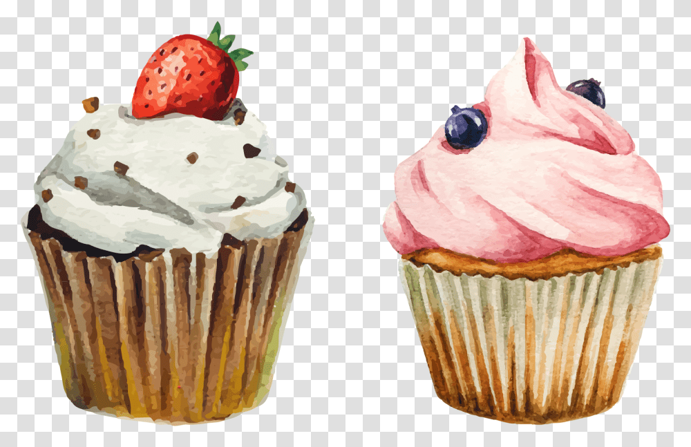 Vector Cupcakes Watercolor Cupcake Watercolor, Cream, Dessert, Food, Creme Transparent Png