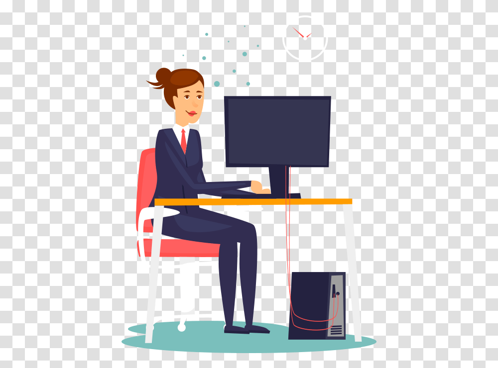 Vector Graphics Person At Desk Cartoon, Furniture, Table, Computer, Electronics Transparent Png