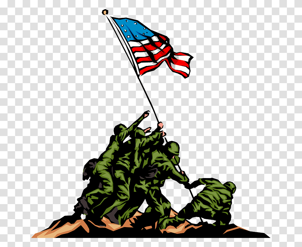 Vector Illustration Of American Soldiers Raising The Memorial Day Clipart, Flag, American Flag, Green Transparent Png