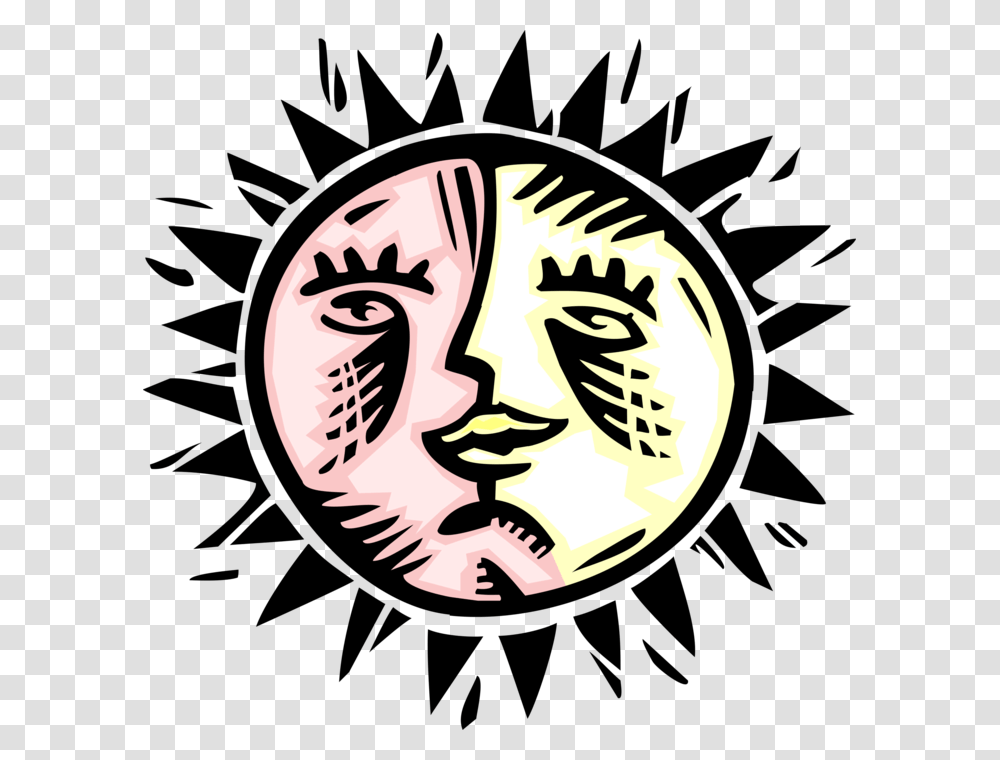 Vector Illustration Of Anthropomorphic Sun Face Xilogravura Sol E Lua, Label, Logo Transparent Png