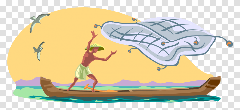 Vector Illustration Of Asian Fisherman Angler Casts Fisherman With Net Clipart, Person, Water, Fitness, Working Out Transparent Png