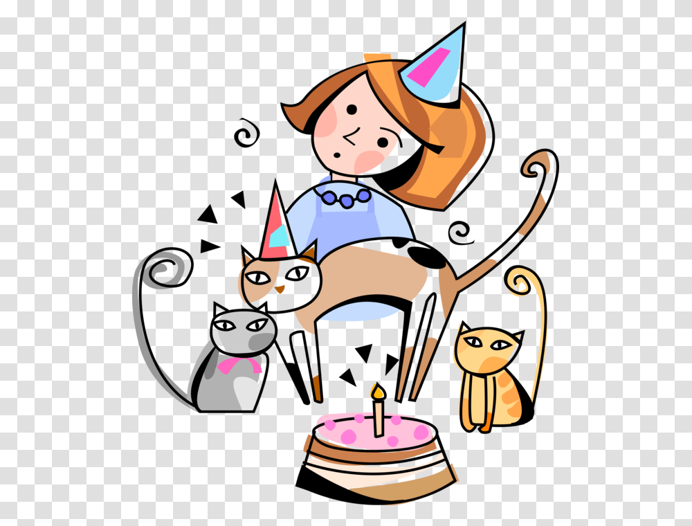 Vector Illustration Of Birthday Girl Celebrates Birthday Cartoon, Apparel, Party Hat, Birthday Cake Transparent Png