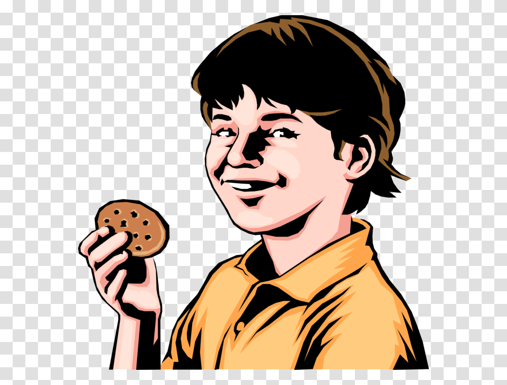 Vector Illustration Of Boy With Chocolate Chip Cookie Cartoon, Person, Human, Face, Food Transparent Png
