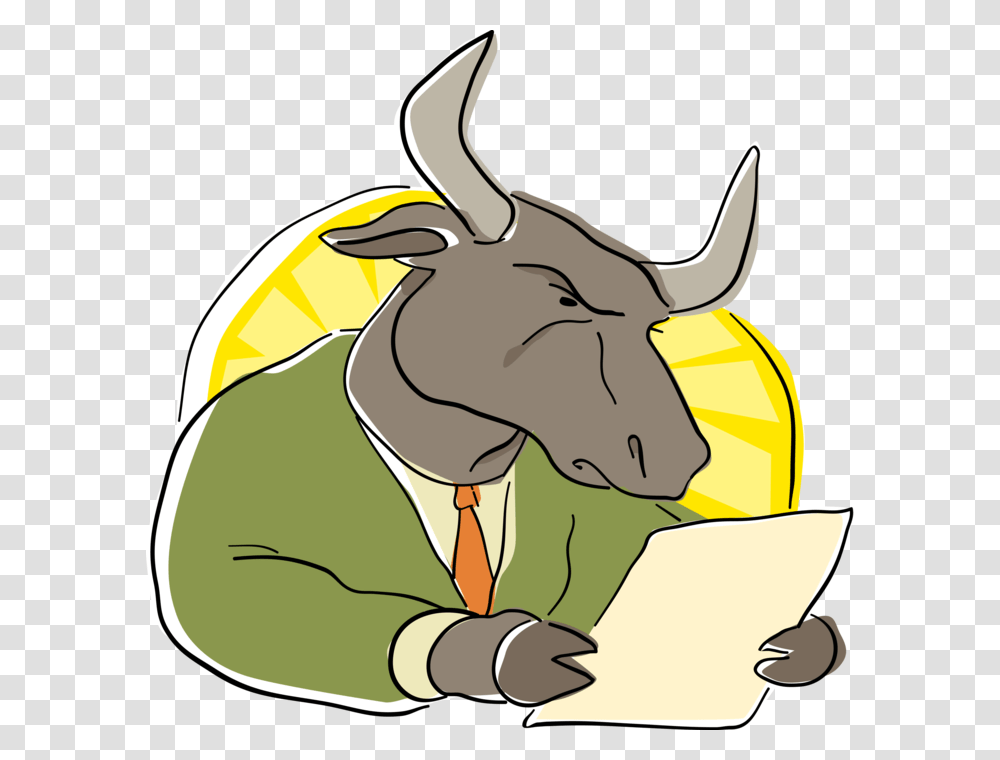 Vector Illustration Of Business Wall Street Bull Reading Reading Bull, Mammal Transparent Png