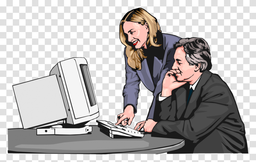 Vector Illustration Of Businessman And Woman At Computer Illustration, Person, Human, Sitting, Electronics Transparent Png