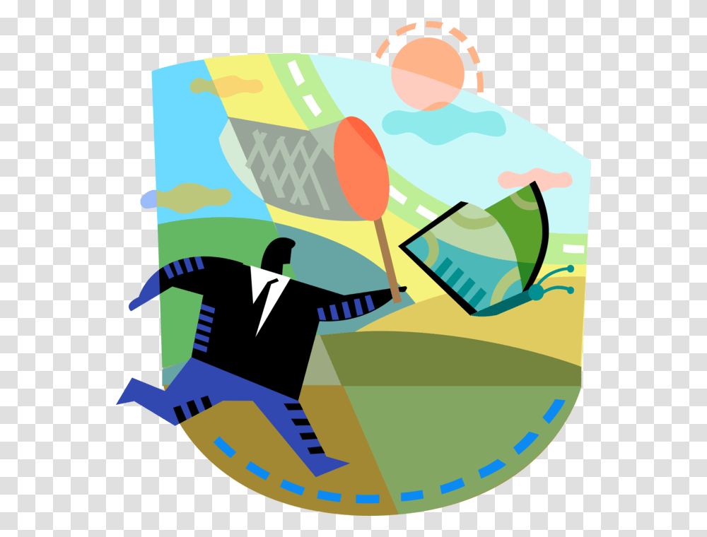 Vector Illustration Of Businessman Chases Elusive Financial, Metropolis, City Transparent Png