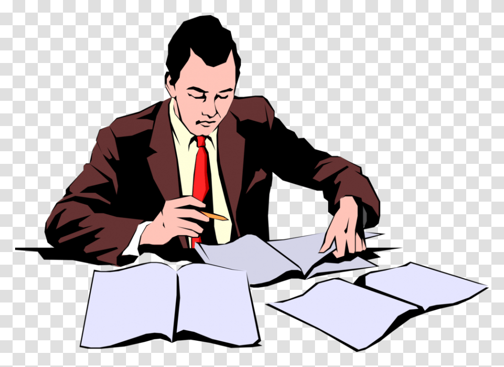 Vector Illustration Of Businessman Reviewing Documents Clip Art Reviewing Documents, Person, Human, Bird, Animal Transparent Png
