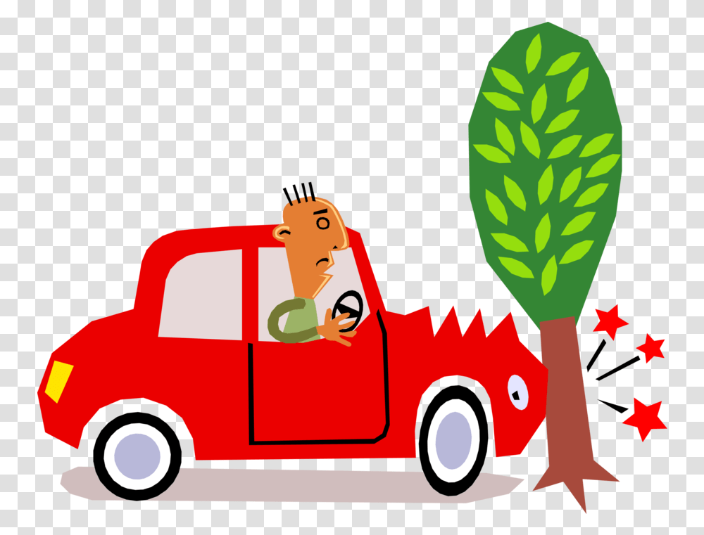 Vector Illustration Of Car Motorist Driver Has Accident Car Crash Into Tree Cartoon, Truck, Vehicle, Transportation, Plant Transparent Png
